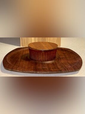 GLADMARK of Burbank Vntg 50s/60s MCM Walnut Wood Tray & Humidor/Condiment Jar